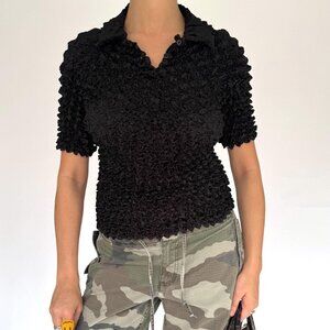 90s vintage black collared popcorn top polo stretchy summer bubble blouse shirt